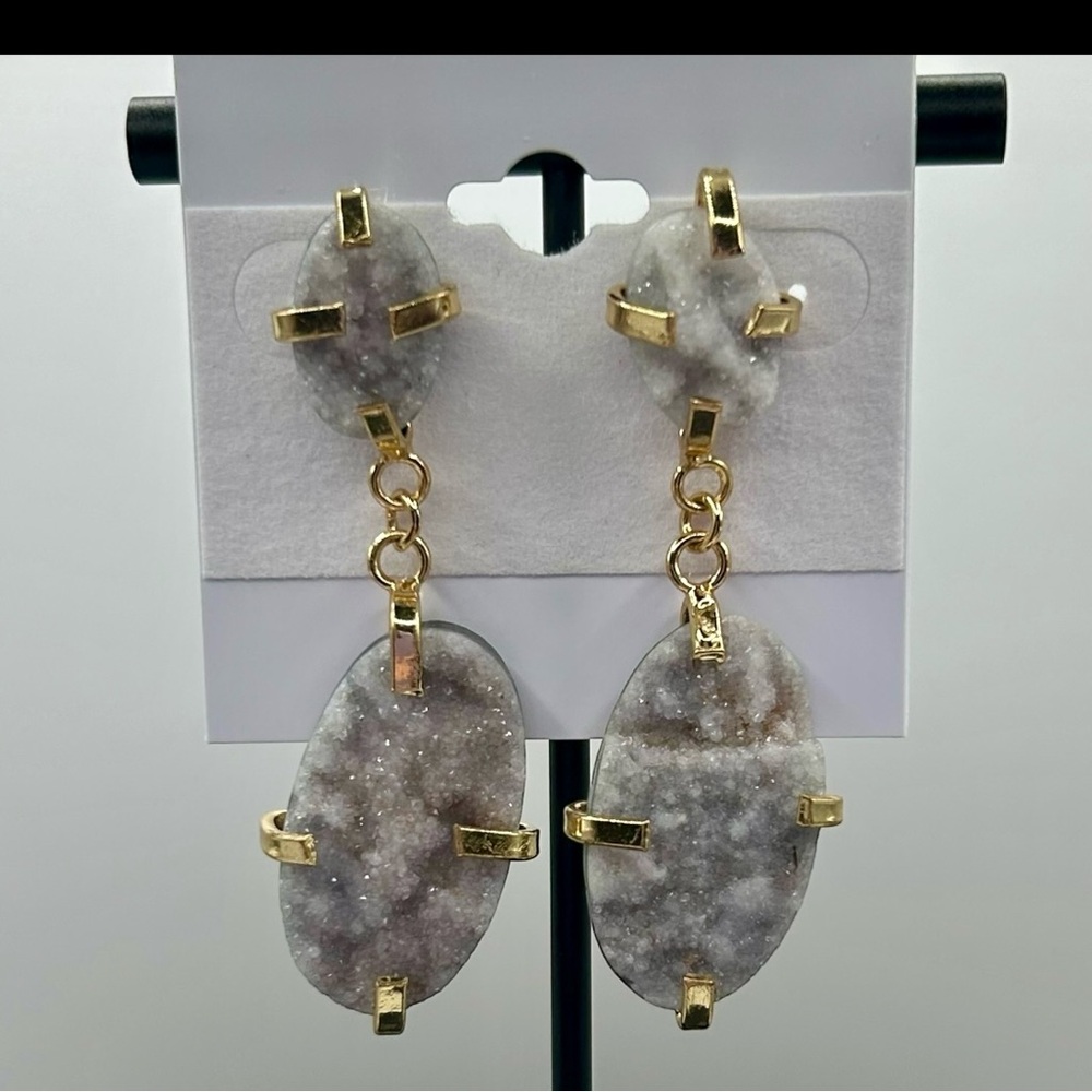 Boho Quartz Geode & Gold Dangle Earrings